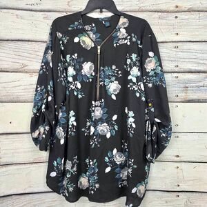 Rue21 Floral Zip Front Tunic Blouse Black 3X